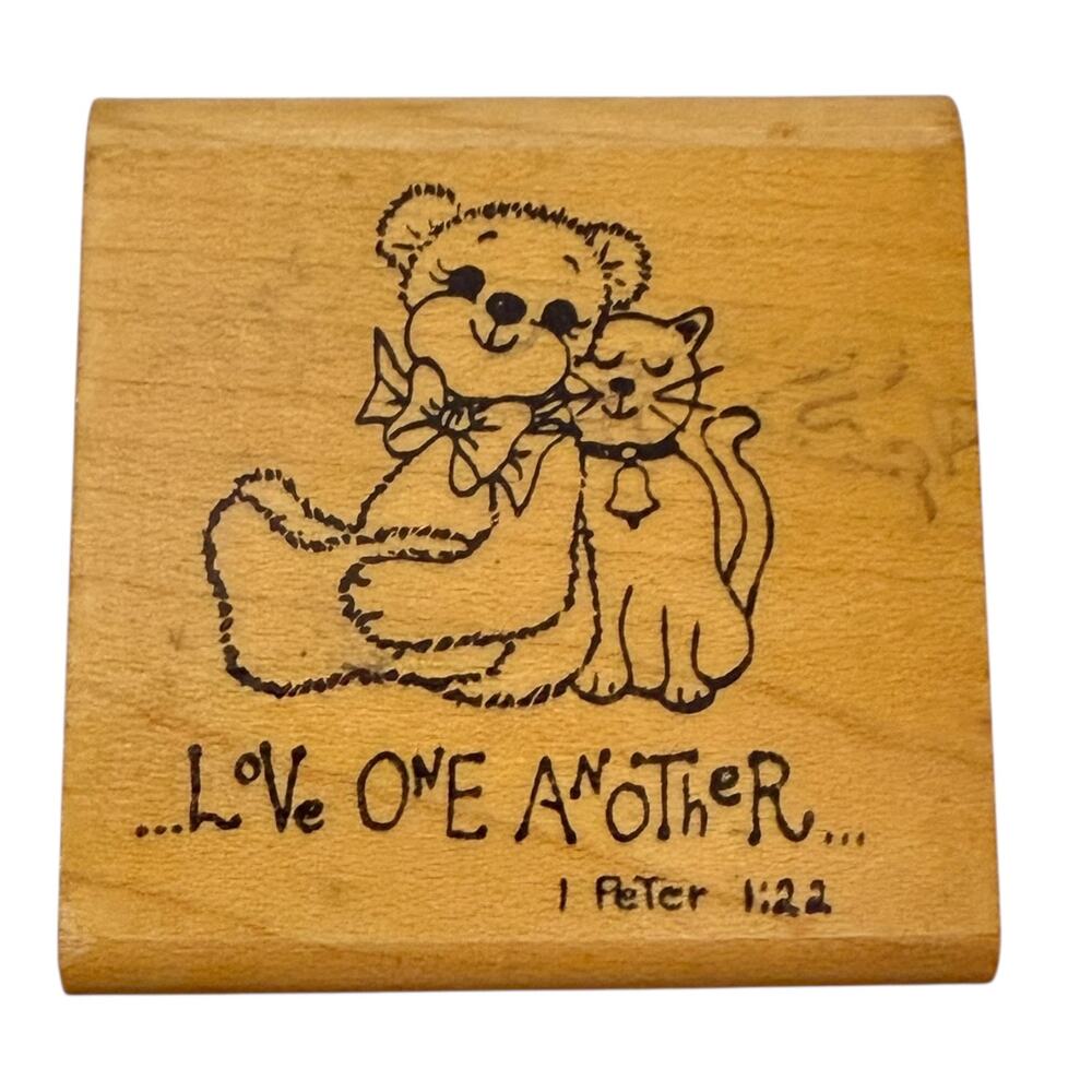 Love One Another 1 Peter 1:22 Teddy Bear and Cat Rubber Stamp